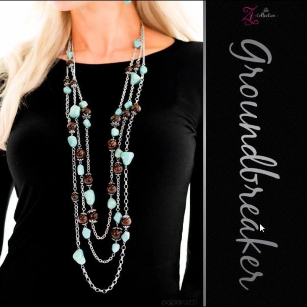 Paparazzi Z collection ground breaker turquoise long Necklace and earring set